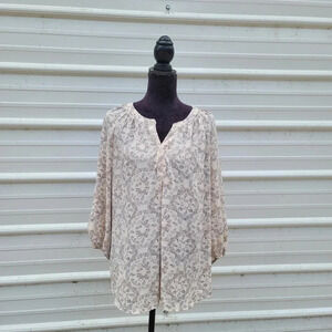 Dalia Beige Purple Floral Butterfly 3/4 Sleeve Flowy Blouse Womans XL